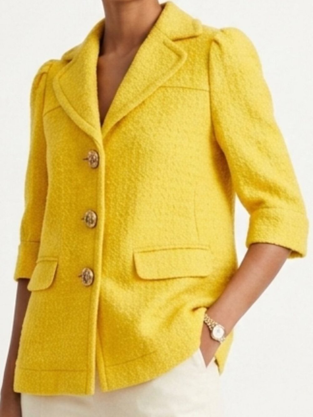 JUICY COUTURE Metallic Boucle Wool Short Sleeve Blazer Jacket Yellow 6 NWT